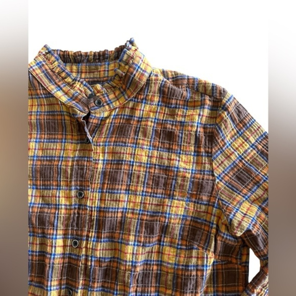 Elliot Lauren Ruffle Neck Plaid Button Up Top Womens Medium Gold